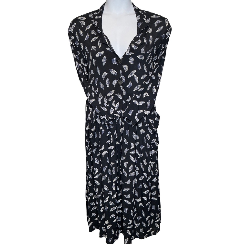 Vintage TT Mar Womens Black Hat Print Midi Dress Est Sz XL Artsy Whimsical Boho